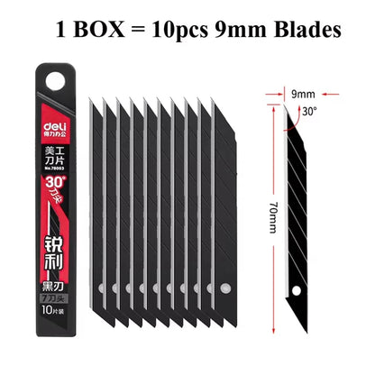 Deli Heavy Duty Utility Knife Black SK5 Carbon Steel Blades 9mm/18mm Auto-Retractable Box Cutter Sharp for Cardboard Cartons 