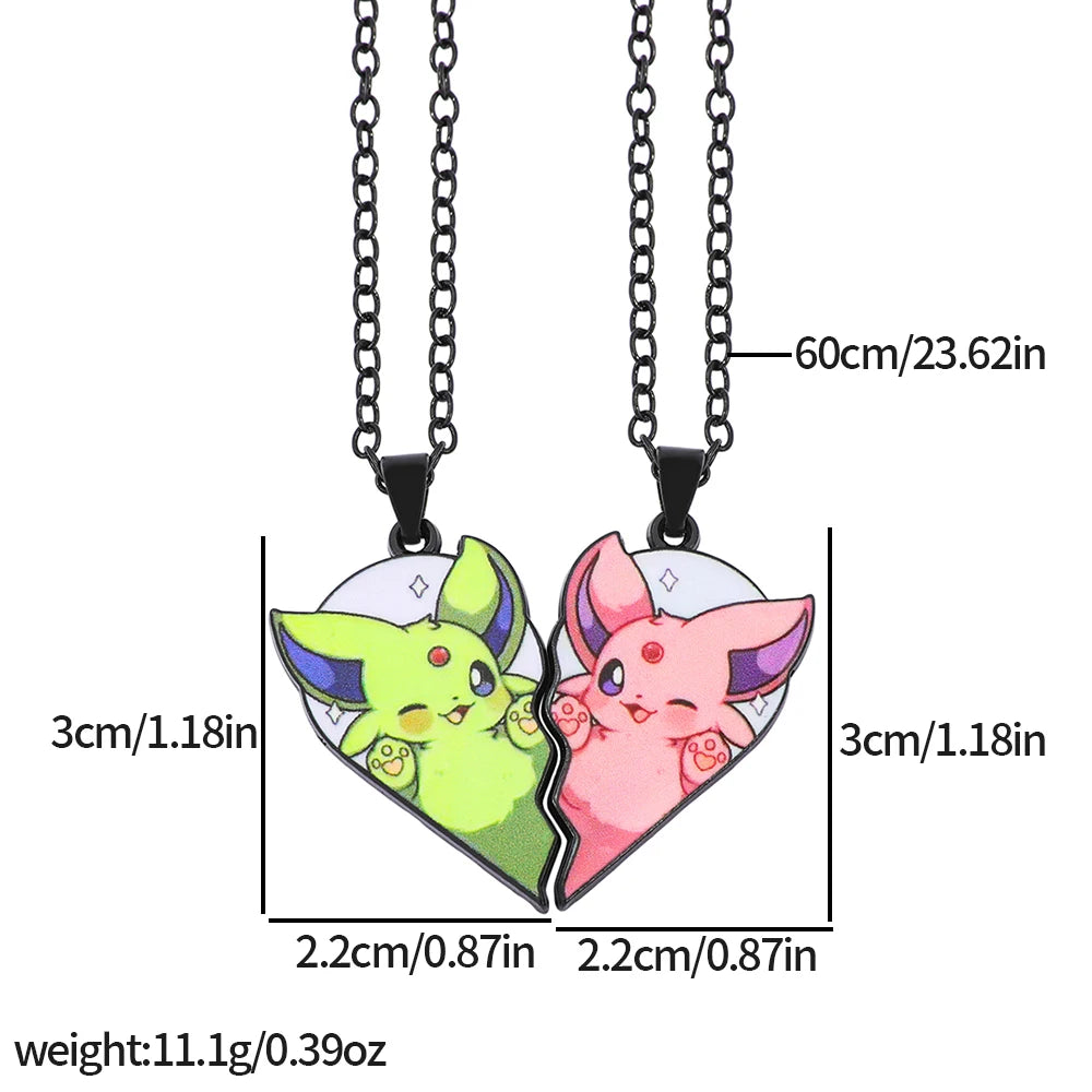 2-piece cute Eevee cartoon pendant necklace with heart patchwork, anime-style metal necklace - XL3394