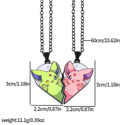 2-piece cute Eevee cartoon pendant necklace with heart patchwork, anime-style metal necklace