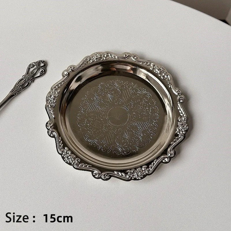 Retro Luxury Silver Plated Plates Cake Dessert Tray High Tea Snack Fruit Dish Jewelry Storage Tabletop Decor Home Hotel Suppl
