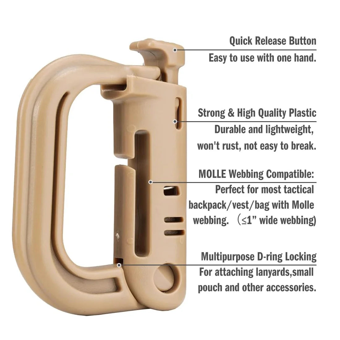 5Pcs Plastic D-Ring Tactical Carabiner Grimlock Lock Hard Hook Buckle Clip For Molle Webbing Accessories Backpack/Pouch/Bag/B