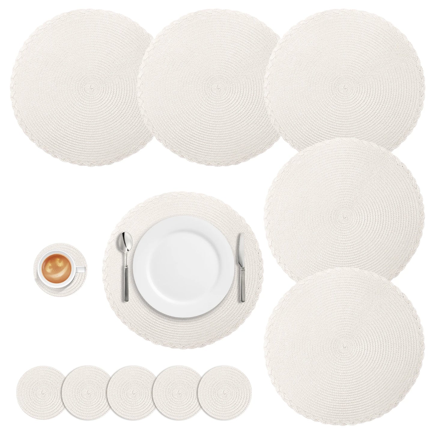Round Braided Placemats Set of 6 Washable PP/PET Heat Resistant 34cm Table Place Mat for Kitchen Xmas Dining Table Party Deco