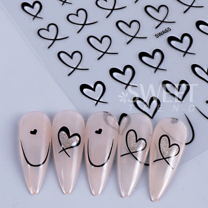 3pcs Valentine's Day Nail Art Stickers 3D Black White Pink Lines Love Heart Nail Decals DIY Adhesive Slider Manicure Decorati