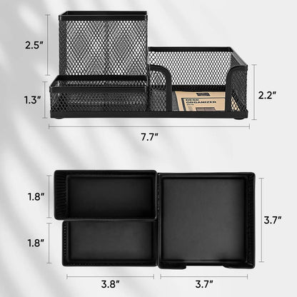 Mesh Desk Organizer Office Supplies Caddy with Pencil Holder and Storage Baskets for Desktop Accessories, 3 Compartments, Bla