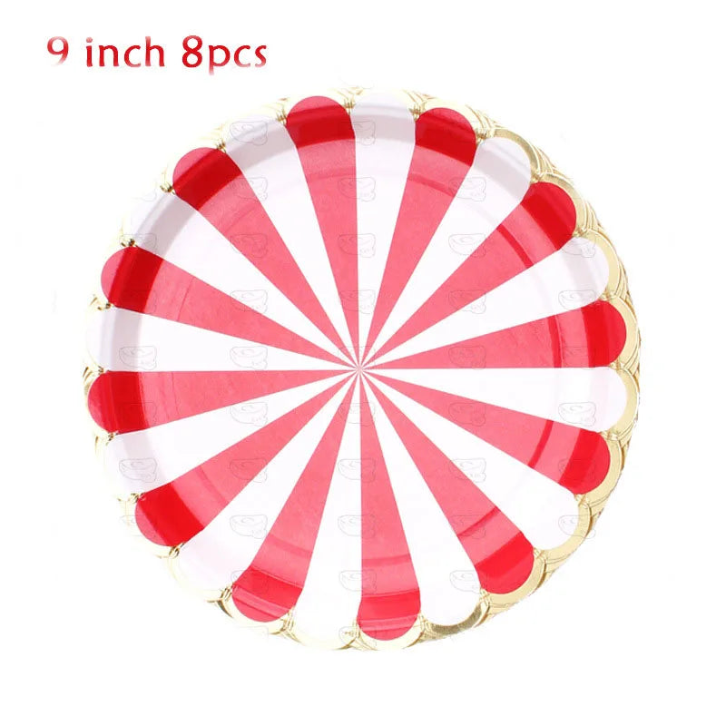 Circus Birthday Party Decor Red White Striped Disposable Tableware Sets Plates Cups PE Tablecloth Napkin Knives Forks Supplie