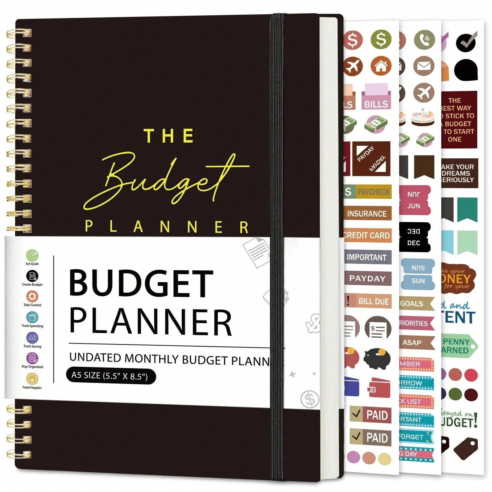 A5 Budget Planner Book with 3 Sheets Stickers, Undated Monthly Finance Organizer, Budget Journal for Money Management, Cash F