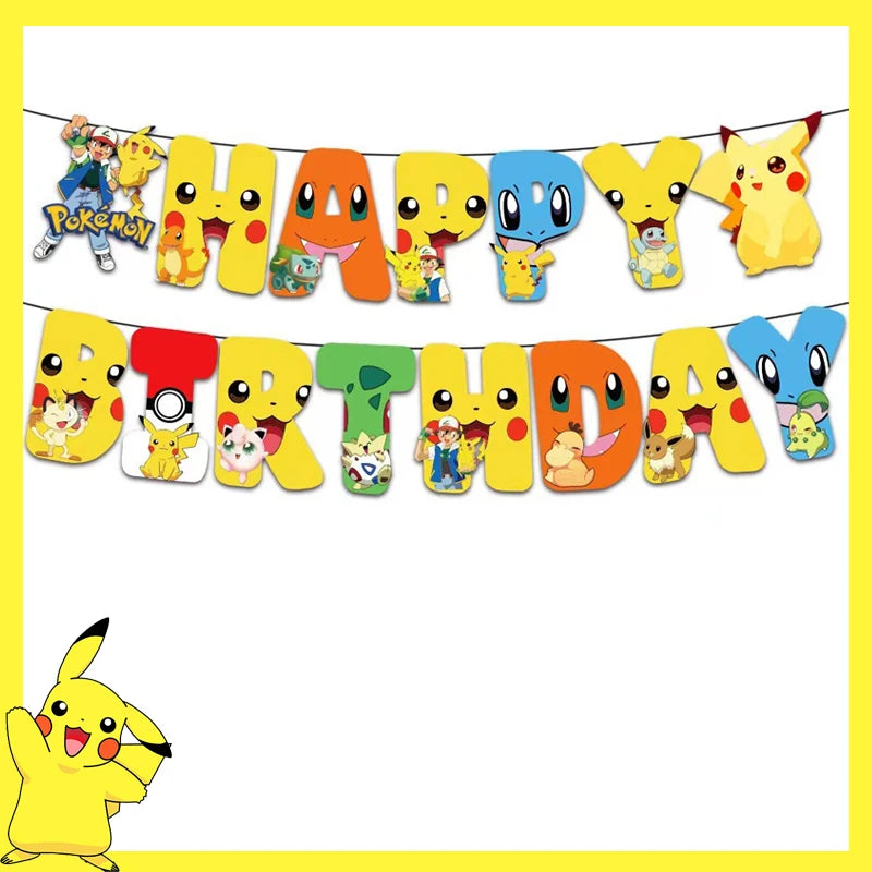 Pokemon Birthday Party Decoration Pikachu Disposable Tableware Cup Napkin Plate Tablecloth Baby Shower Cake Topper Flag Ballo