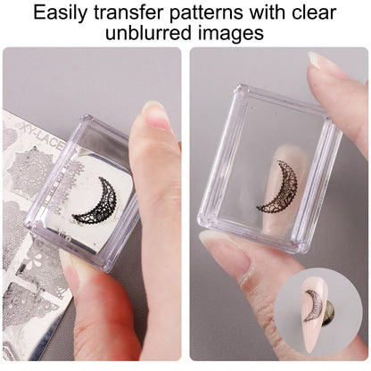 Square Clear Silicone Nail Stamp Set, Alcohol-Cleanable, Suitable for Large Plates, Includes Scraper and Replacement Stamp He