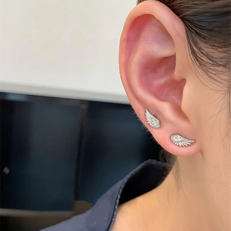 Fashion Silver Color Zircon Wing Stud Earrings for Women Luxury Shiny Crystal Geometric Personality Ear Bone Nail Jewelry Gif