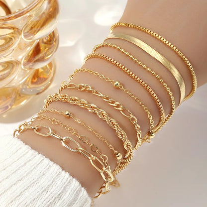 10 Pcs Vintage Statement Gold Color Flat Snake Chain Box Chain Bracelet Boho Multi-layer Metal Bracelet Women's Summer Jewelr