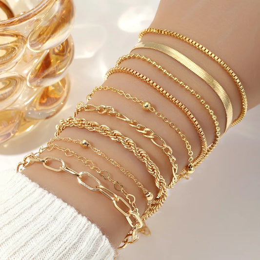 10 Pcs Vintage Statement Gold Color Flat Snake Chain Box Chain Bracelet Boho Multi-layer Metal Bracelet Women's Summer Jewelr