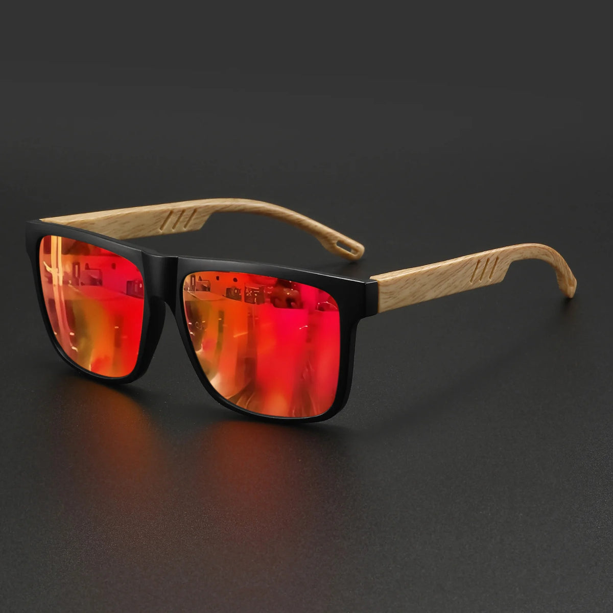 New Fashion Square Sunglasses - Wood Grain Spring Hinge, UV400 Unisex for Driving, Hiking & Travel - C2-red mirror