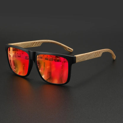 New Fashion Square Sunglasses - Wood Grain Spring Hinge, UV400 Unisex for Driving, Hiking & Travel - C2-red mirror