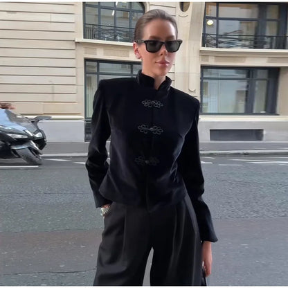 Frog Closure Velvet Tassel Jacket Slim Long Sleeve Mandarin Collar 2026 Spring Fashion Elegant Women Outerwear Chic Lady Coat