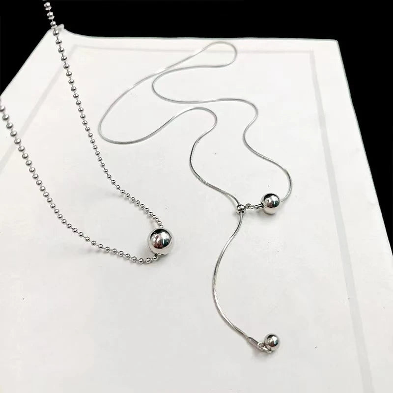 LATS Personality Stainless Steel Beaded Ball Pendant Necklace for Women Silver Color Double Layer Hip Hop Rock Chokers Jewelr