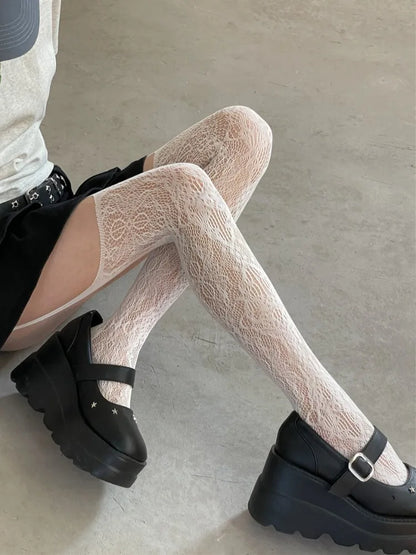 New Floral Pattern Coffee Fishnet Stockings with Suspender Women Sexy Brown Hollow Out Mesh Thigh High Socks Lolita Long Sock