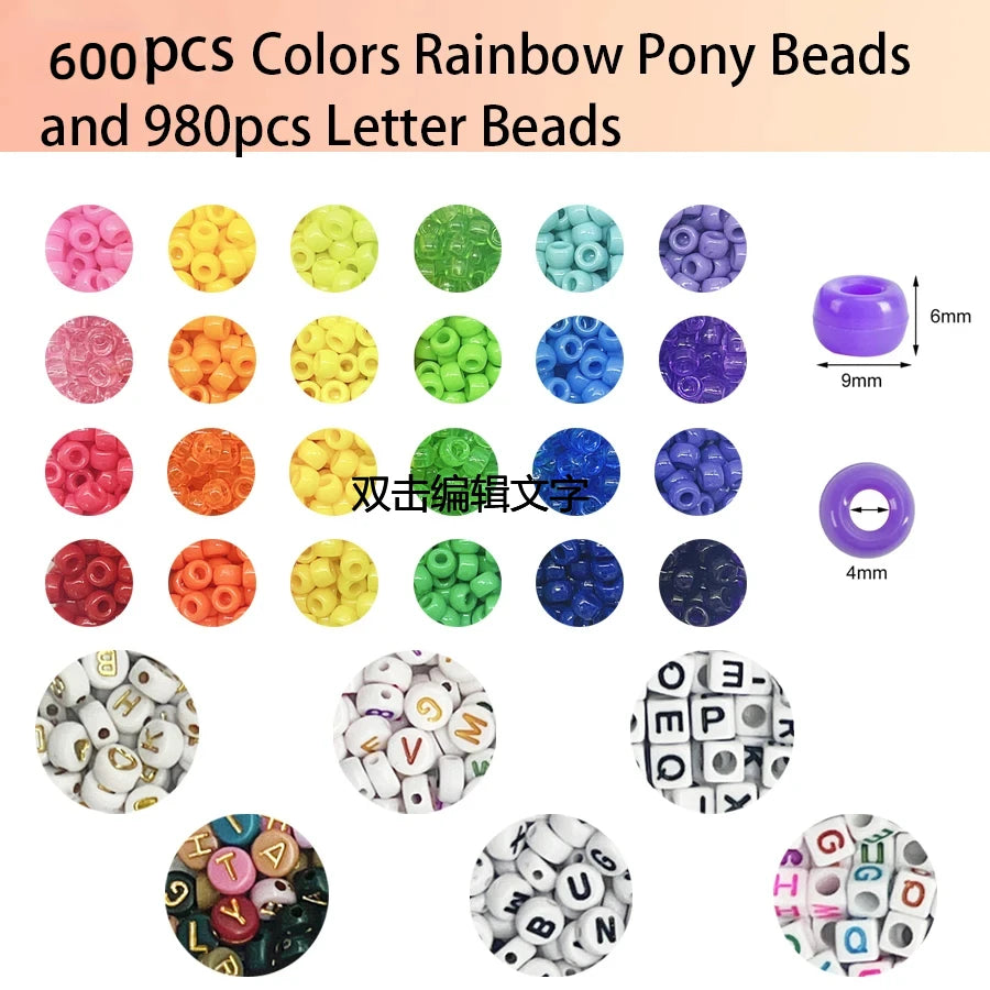 Pony Beads for Friendship Bracelet Making Kit 24 Colors Kandi Beads Set, 720pcs Plastic Rainbow Bulk and 980pcs Letter Beads 