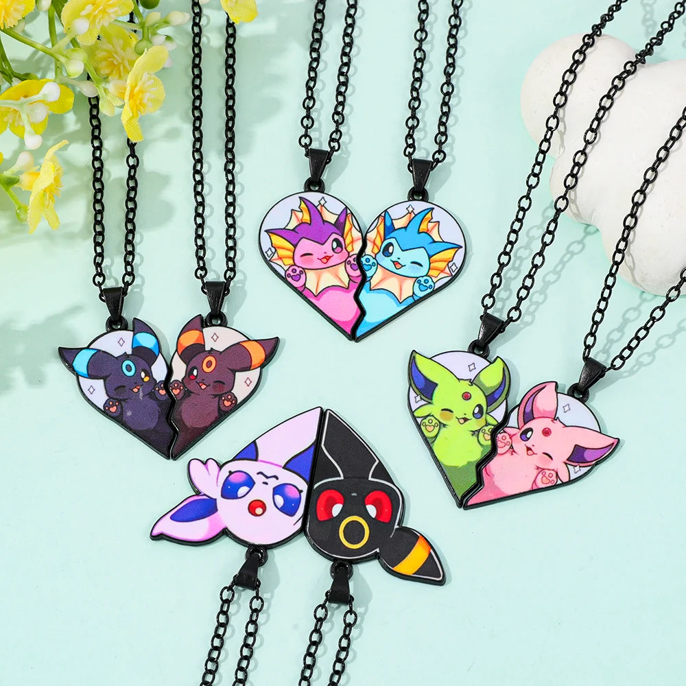 2-piece cute Eevee cartoon pendant necklace with heart patchwork, anime-style metal necklace