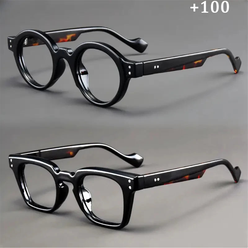 A set of 2 vintage round and square reading glasses, suitable for both men and women, designed to assist with presbyopia
