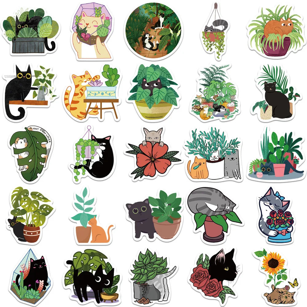 50 PCS Cat and Plant Stickers for Water Bottles,Cute Vinyl Waterproof Laptop Skateboard Stickers Aesthetic Computer Hydroflas