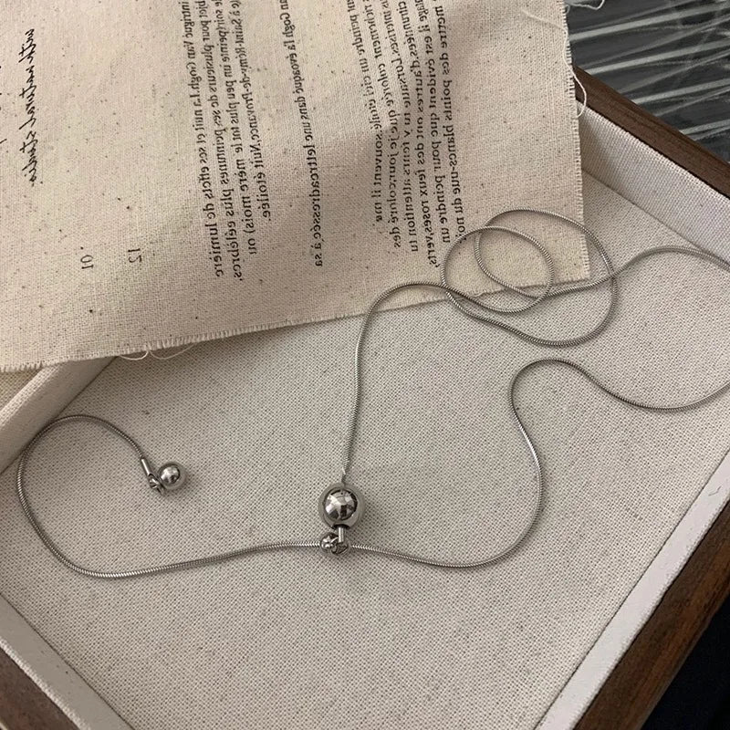 LATS Personality Stainless Steel Beaded Ball Pendant Necklace for Women Silver Color Double Layer Hip Hop Rock Chokers Jewelr