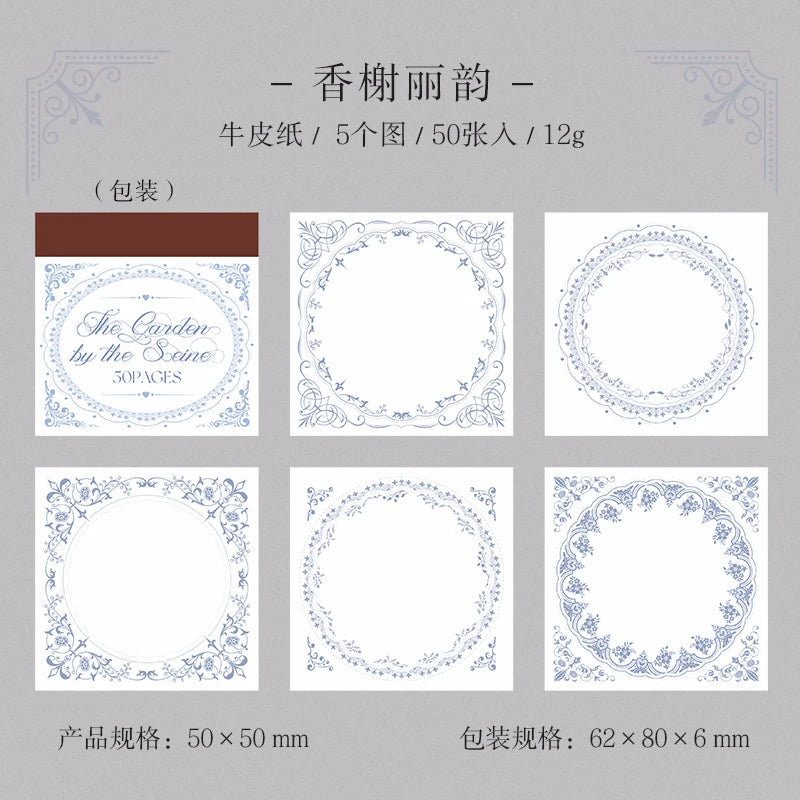50sheets The Garden By The Seine Vintage Flower Border Memo Pad Creative DIY Journal Material Collage Stationery Note - b