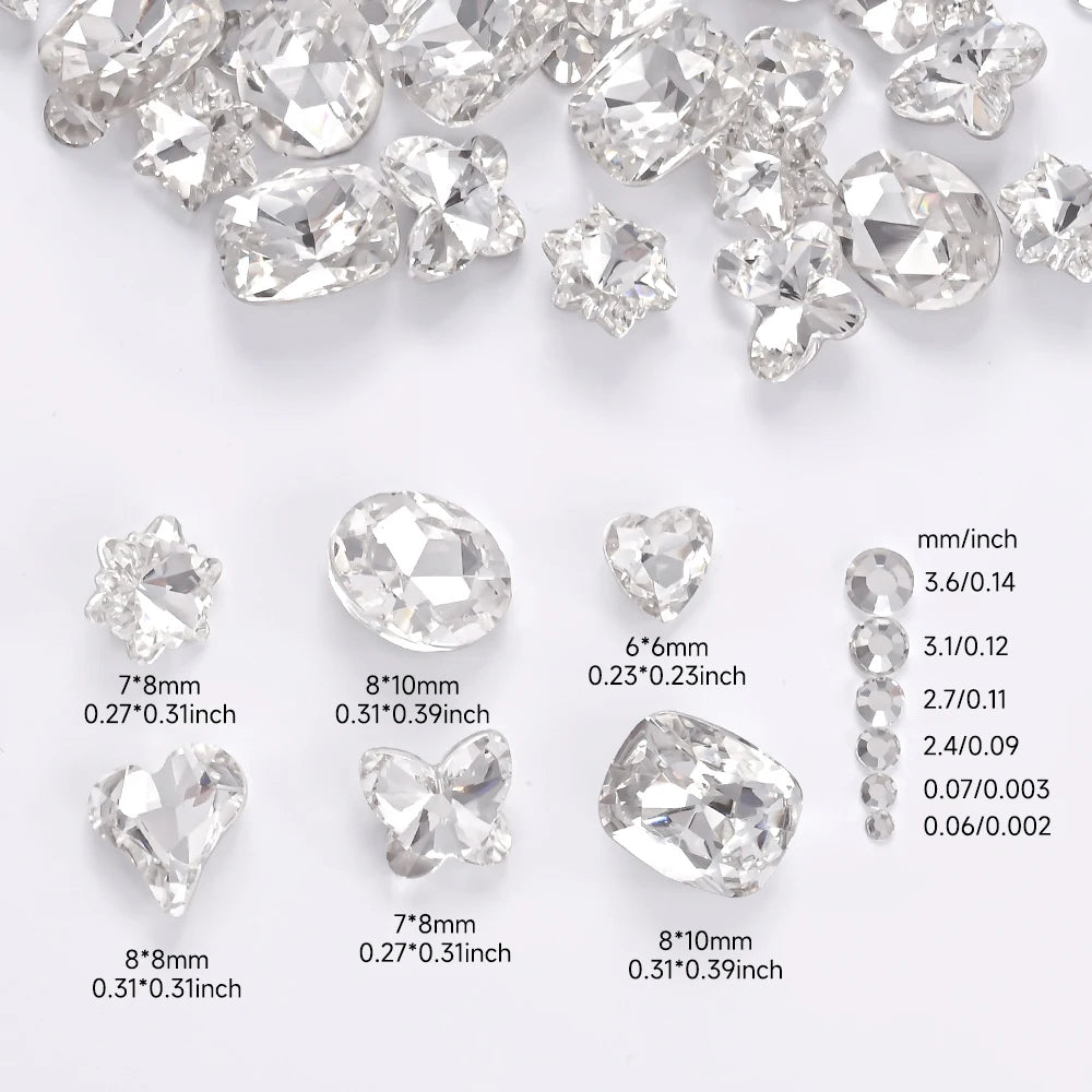 1Box 3D Clear Nail Art Rhinestones 12Shapes Mixed Oval,Butterfly,Heart,Flower,Round Diamond Nail Charms DIY Nail Art Decorati