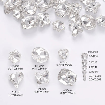 1Box 3D Clear Nail Art Rhinestones 12Shapes Mixed Oval,Butterfly,Heart,Flower,Round Diamond Nail Charms DIY Nail Art Decorati