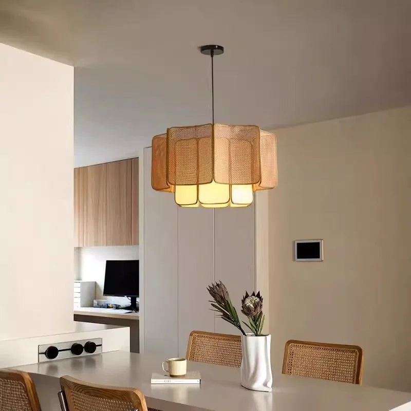 Japanese Rattan Chandelier Wabi Sabi Vintage pendant Light Bedroom Kitchen Island Living Dining Room Hotel Bedroom hanging La