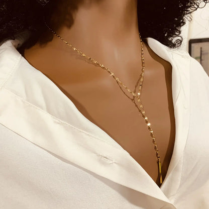Stainless Steel Gold Plated Lariat Bar Pendant Y-Necklace for Women Dainty Paperclip Chain Minimalist Waterproof Jewelry