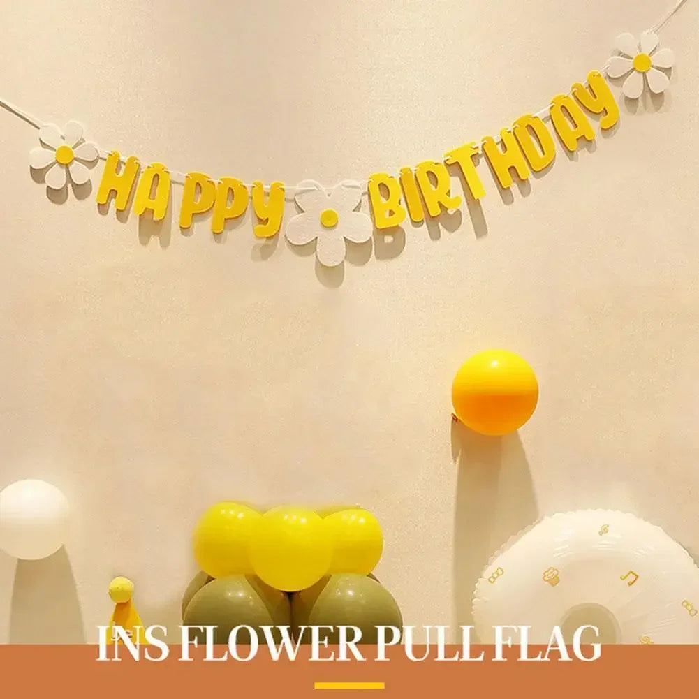 New Baby Shower Daisy Happy Birthday Banner White Flower Birthday Sign Garland Decoration Happy Daisy Flag Yellow Flower Part