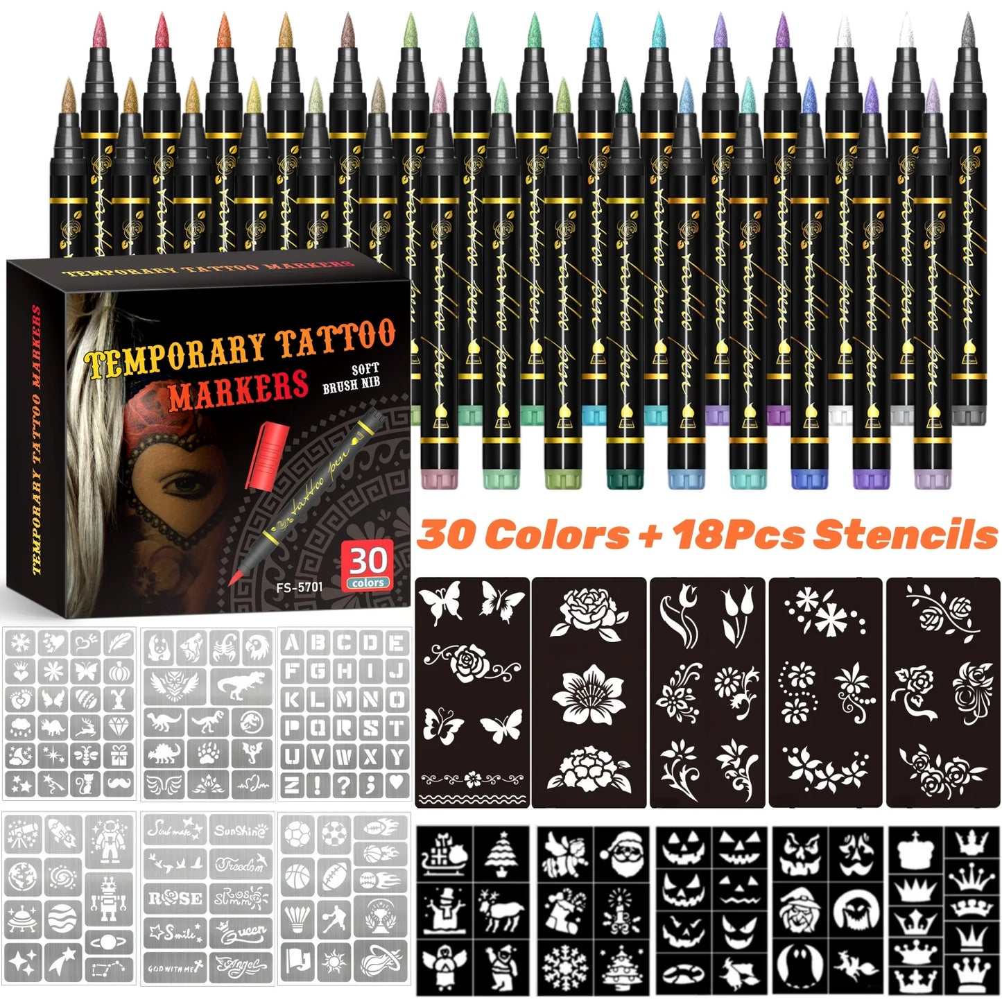 Temporary Tattoo Markers for Skin,10 Colors Tattoo Pens,Brush Tip,Bright colors,Face Paint Kit Cosmetic Quality,Halloween mak
