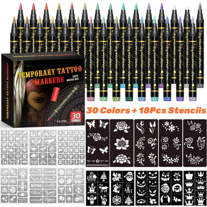 Temporary Tattoo Markers for Skin,10 Colors Tattoo Pens,Brush Tip,Bright colors,Face Paint Kit Cosmetic Quality,Halloween mak