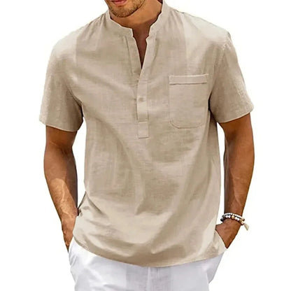 Cotton Linen Shirt Men Henley Neck Pocket Casual Beach Short Sleeve Solid Color Male Tops T-shirts Vintage Streetwear - Khaki