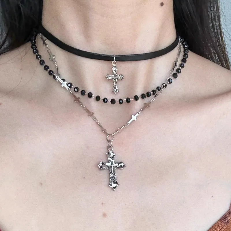 Punk Multi-Layer Cross Necklace Spicy Girl Y2K Vintage Beaded Long Cross Pendant Hip-pop Personalized Chain Long Necklace