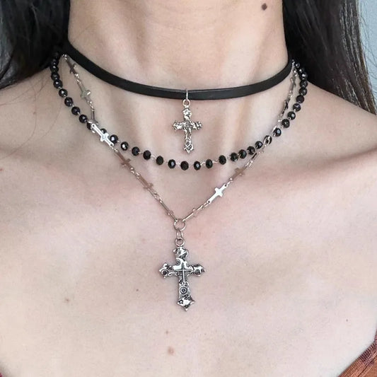 Punk Multi-Layer Cross Necklace Spicy Girl Y2K Vintage Beaded Long Cross Pendant Hip-pop Personalized Chain Long Necklace
