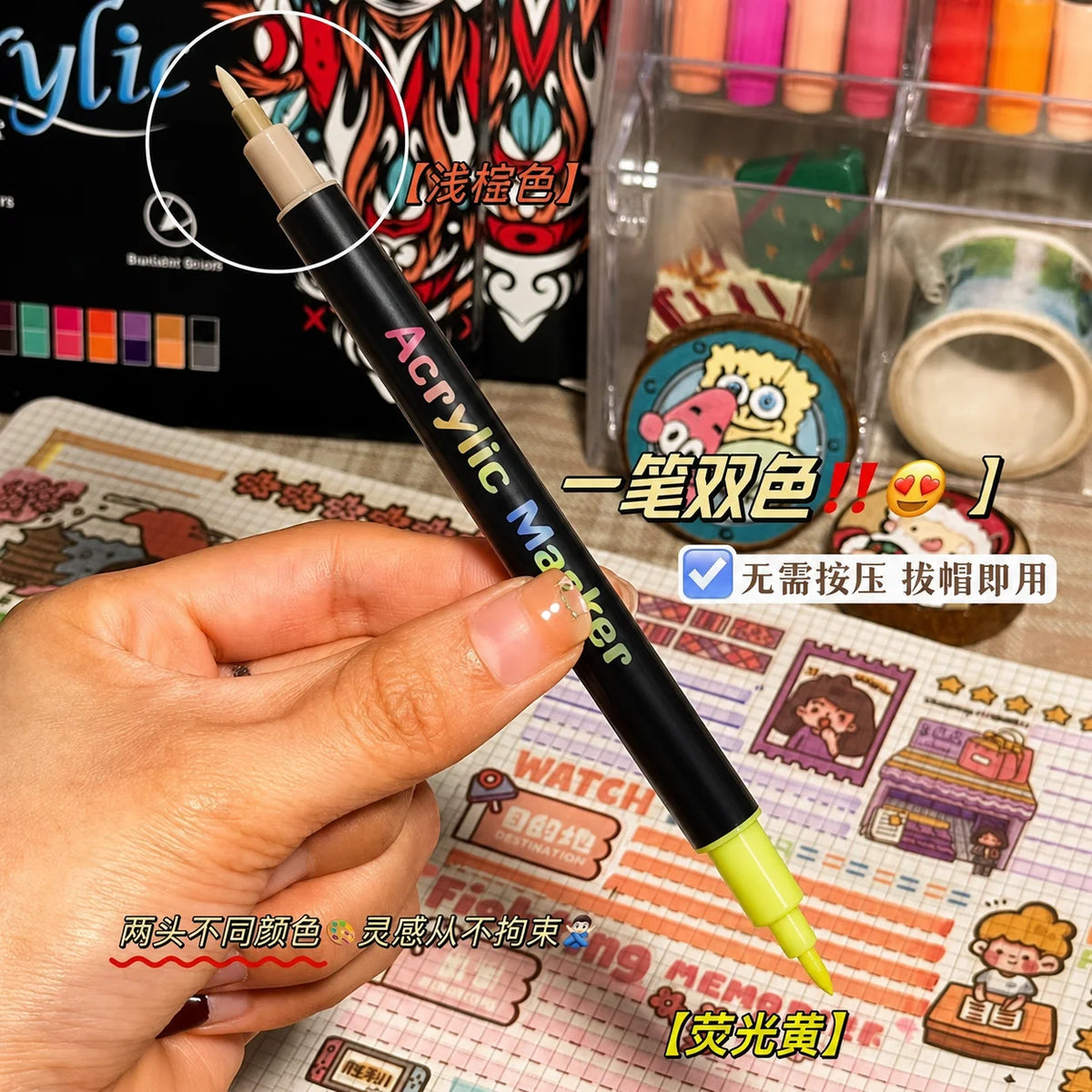 Professional Art Use 24/48-Color Acrylic Paint Markers, Dual-Tip Fine and Brush Tip Pens, Suitable for Stone, Wood, Calligrap