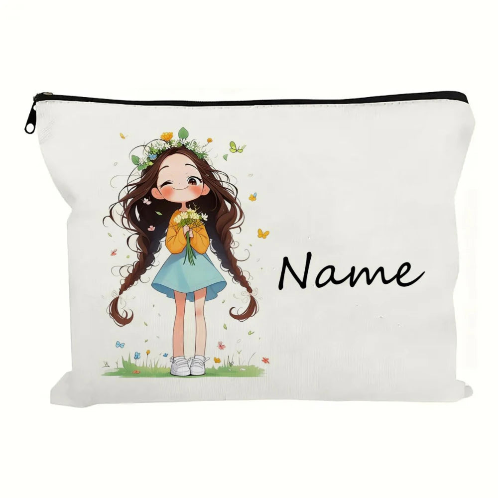 Custom Name Vintage Cute Girl Pattern Makeup Bag Handbag Toiletry Bag Pencil Case Holiday Gift Cosmetic Bag - B