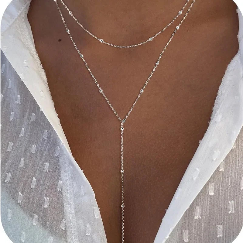 Gold Plated Lariat Necklace for Women, Double Laryered Long Chain Drop Pendant Choker Necklaces Fashion Gifts - Silver