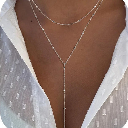 Gold Plated Lariat Necklace for Women, Double Laryered Long Chain Drop Pendant Choker Necklaces Fashion Gifts - Silver