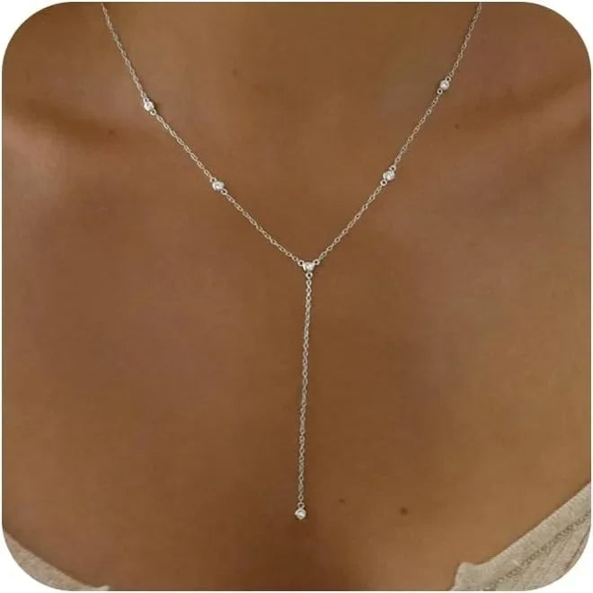 Gold Plated CZ Lariat Necklace for Women Boho Fashion Jewelry Women, Silver Plated Necklace for Women, Dainty Gold Necklaces 