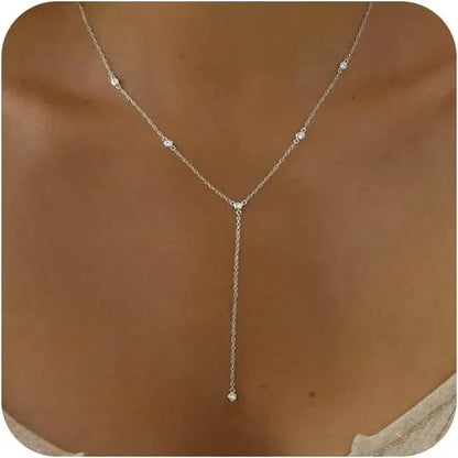 Gold Plated CZ Lariat Necklace for Women Boho Fashion Jewelry Women, Silver Plated Necklace for Women, Dainty Gold Necklaces 