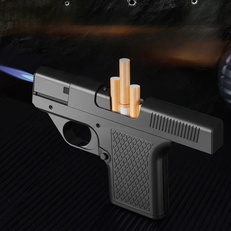 Gun-shaped lighter with 3 cigarette cases, dark blue flame gas lighter, windproof cigar lighter,suitable for Christmas,Hallow