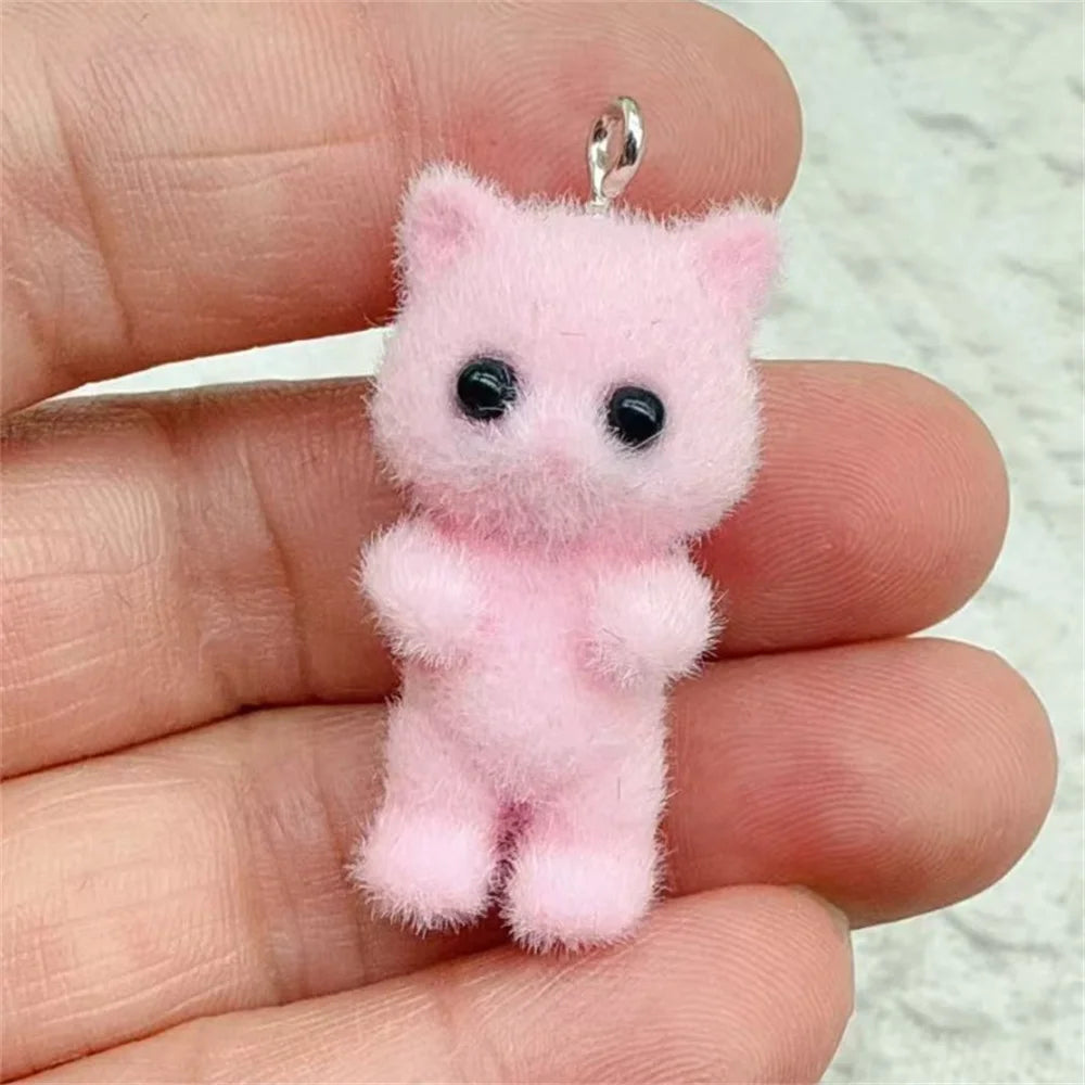 4pcs Kawaii 3D Fluffy Flocking Resin Cat Animal Charms Pendant Colorful Keychain Necklace Pendant DIY Crafts Jewelry Making