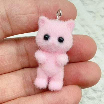4pcs Kawaii 3D Fluffy Flocking Resin Cat Animal Charms Pendant Colorful Keychain Necklace Pendant DIY Crafts Jewelry Making