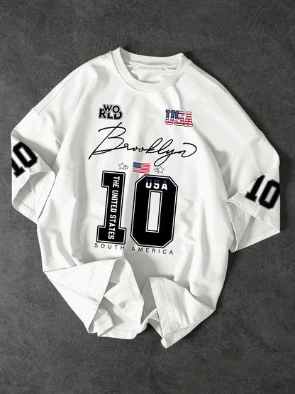 USA Brooklyn Style 10 Print Oversized T Shirt Men's Streetwear Vintage Jersey Tee