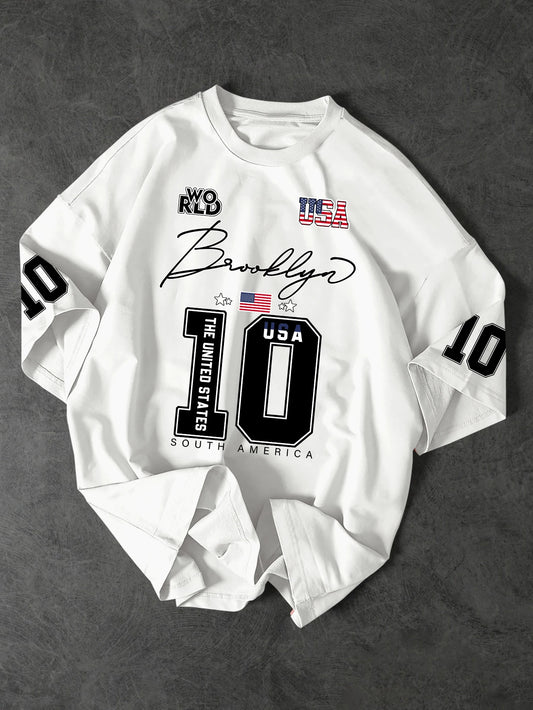 USA Brooklyn Style 10 Print Oversized T Shirt Men's Streetwear Vintage Jersey Tee