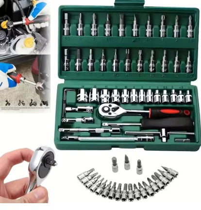 46pc Drive Socket Set 1/4 inch Ratchet Wrench Set Mechanic Tool Kits for Auto Repair Hous with Sockets Metric Hex Bit Socket 