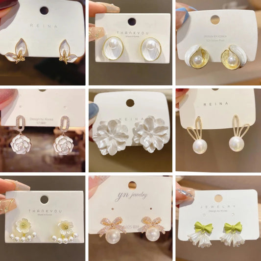 Pure White Women's Dangle Earrings Blooming Flower Acrylic Enamel Butterfly Imitation Pearl Heart Hanging Earrings Elegant Br