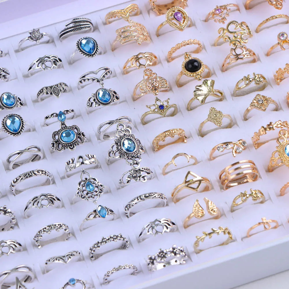 20Pcs/Lot Vintage Bohemia Geometry Flowers Leaf Rings For Charm Women Mix Style Color Fashion Jewelry Gift Accessories